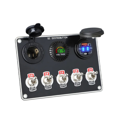Panel s 5x spínačmi + 2x USB/Voltmeter a CL zásuvka, 12/24V