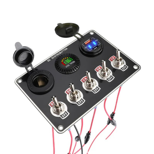 12/24V multiprepínač s 5 spínačmi, 2xUSB nabíjačkou,CL zásuvkou a voltmetrom