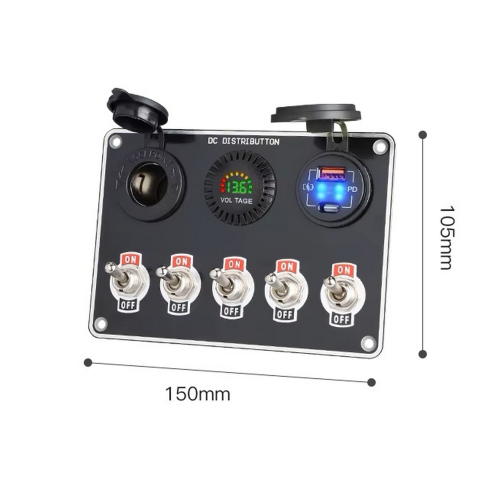 Rozmery 12/24V multiprepínača s 5 spínačmi, 2xUSB nabíjačkou,CL zásuvkou a voltmetrom