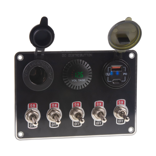 Panel s 5x spínačmi + 2x USB/Voltmeter a CL zásuvka, 12/24V