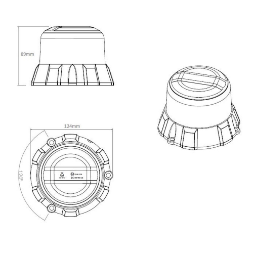 Rozměry modro-červeného 12/24V LED majáku ECER10