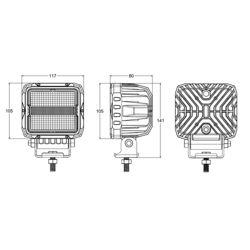 Rozmery 12/24V pracovného 60W LED svetla s oranžovým LED predátorom ECER65 a pozičným svetlom
