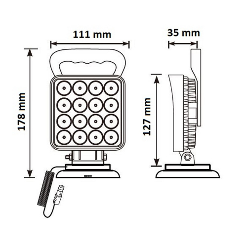 Rozmery magnetického 16x3W LED svetla 12-24V