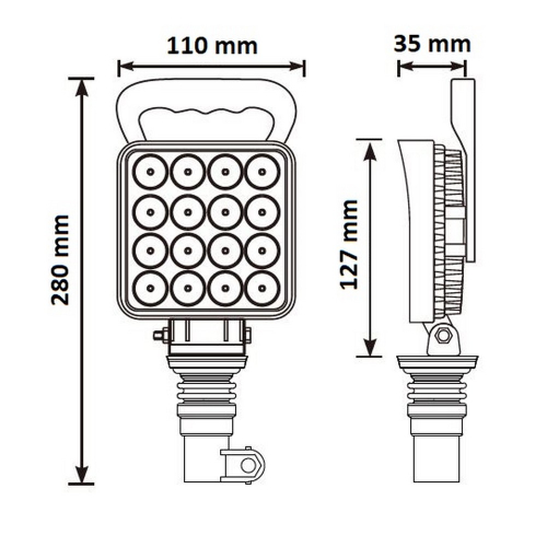 Rozmery hrotového 12/24V pracovného 16x3W LED svetla