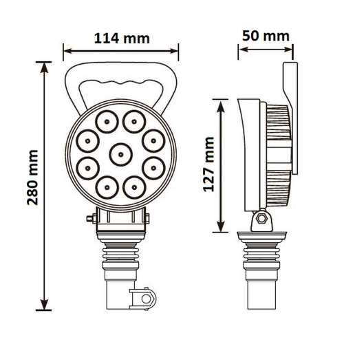 Rozmery okrúhleho 27W LED svetla 12-24V s uchytením na hrot