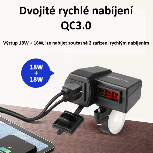 Výstupy USB nabíjačky s voltmetrom na motocykel