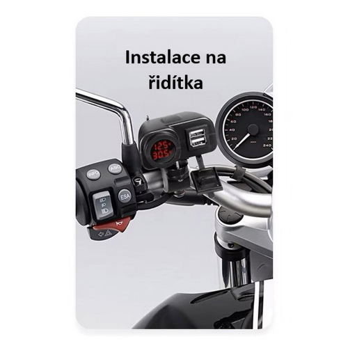 Uchyteni dvojitej USB nabíjačky s teplomerom a voltmetrom pre motocykle a štvorkolky