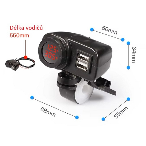 Rozmery dvojitej USB nabíjačky s teplomerom a voltmetrom pre motocykle a štvorkolky