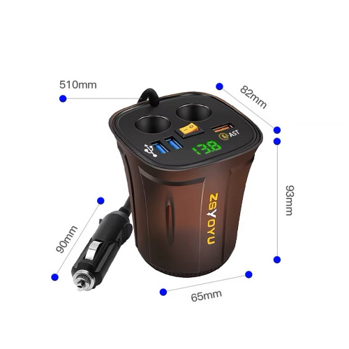 Rozmery 12/24V dvojitej CL zásuvky s 3x USB a voltmetrom do držiaka nápojov