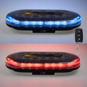 Modro-červená AKU LED rampa - 48x LED / dálkový ovladač / ECE R65 / s magnetem (328x186x50mm)