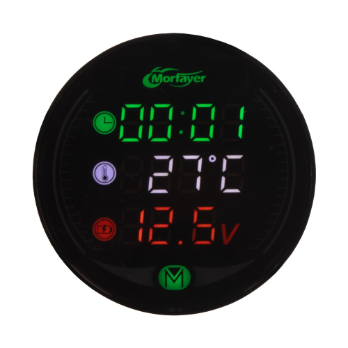LCD displej voltmetera s teplomerom, hodinami a USB nabíjačkou na motocykel