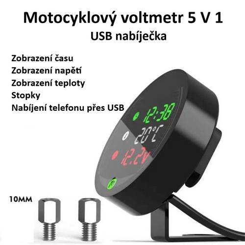 Funkcie voltmetera s teplomerom, hodinami a USB nabíjačkou na motocykel