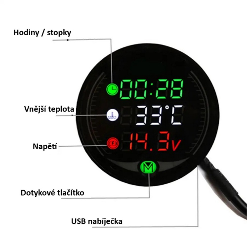 Ovládanie voltmetera s teplomerom, hodinami a USB nabíjačkou na motocykel