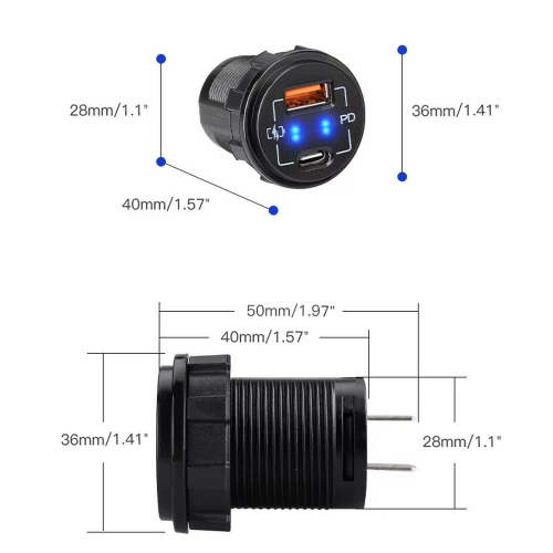 Rozmery 12/24V USB nabíjačky QC3.0 + USB-C