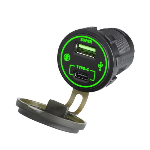 USB nabíjačka QC3.0 + USB-C, 12/24V so zeleným podsvietením