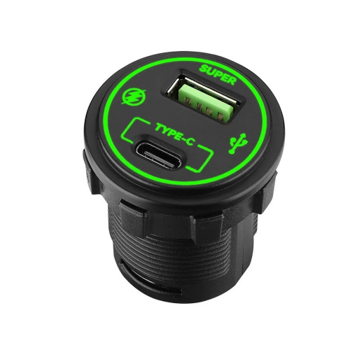 12/24V nabíjačka USB QC3.0 a USB-C so zeleným podsvietením
