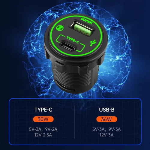 Použitie 12/24V nabíjačky USB QC3.0 a USB-C so zeleným podsvietením