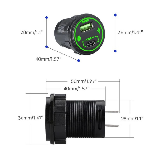 Rozmery 12/24V nabíjačky USB QC3.0 a USB-C so zeleným podsvietením