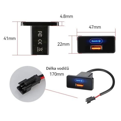 Rozmery 12/24V nabíjačky USB QC3.0 do auta
