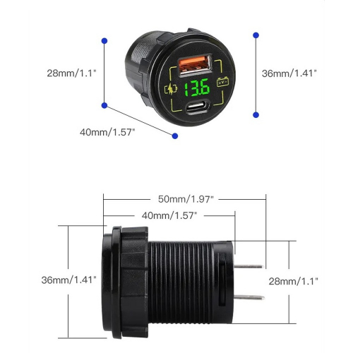 Rozmery 12/24V voltmetra s nabíjačkou USB QC3.0 a USB-C PD
