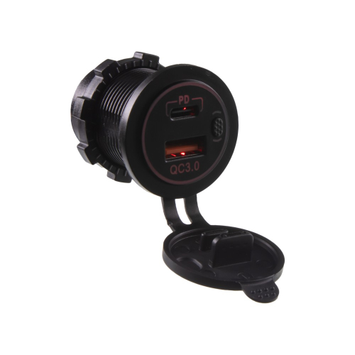 USB nabíjačka QC3.0 + USB-C, červené podsvietenie