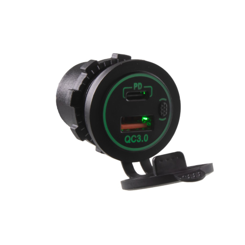 USB nabíjačka QC3.0 + USB-C, zelené podsvietenie