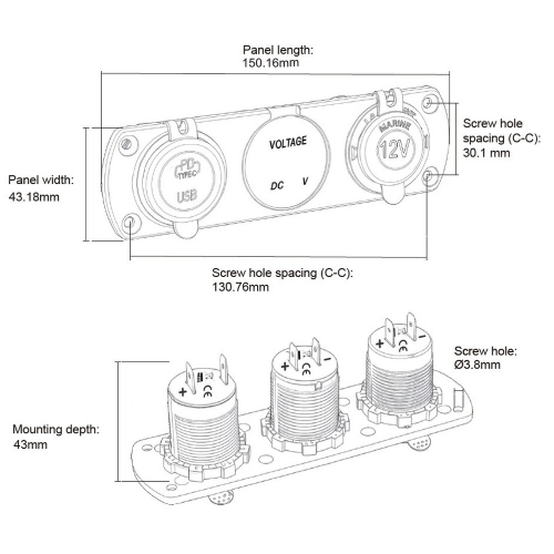 Rozměry trojité 12/24V nabíječky do panelu CL, Voltmetr, 2x USB nabíječka QC3.0/PD