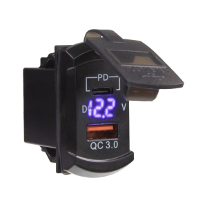 Zásuvka 12V/24V s voltmetrem - USB QC3.0 + USB-C modrá "ROCKER"