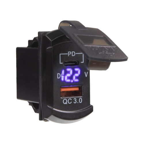 USB nabíjačka QC3.0 + USB-C + voltmeter "Rocker" 12/24V, 48W