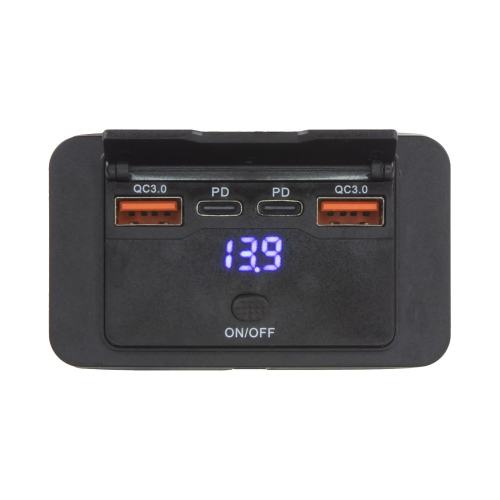 Modrý voltmeter 12/24V nabíjačky s 2xUSB QC3.0 a 2xUSB-C