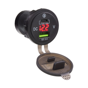 Nabíječka 12V / 24V s voltmetrem - USB QC3.0 + USB-C PD s červeným LED displejem