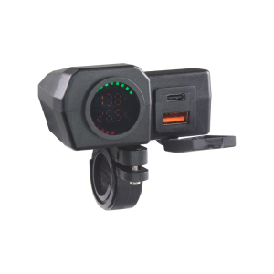 Motocyklová USB nabíječka s voltmetrem a teploměrem - USB QC3.0 + USB-C