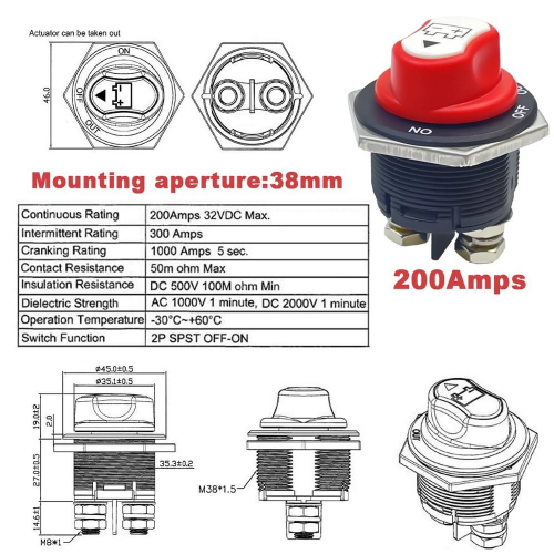 Rozmery odpojovača batérie 200A, 32V s odnímateľnou kľučkou