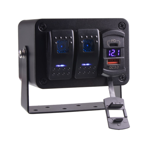 Panel s 2x spínačmi Rocker, voltmeter + USB/USB-C zásuvka, 12/24V