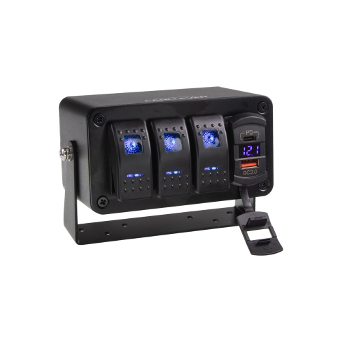 Panel s 3x spínačmi Rocker, voltmeter + USB/USB-C zásuvka, 12/24V