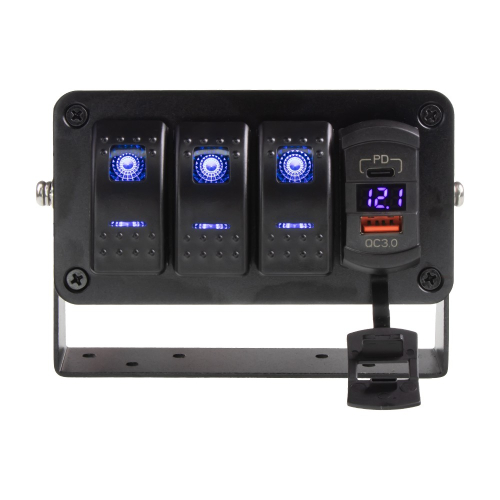Podsvietenie 12/24V multiprepínača s 3x kolískovým spínačom,USB QC3.0,USB-C PD a voltmetrom