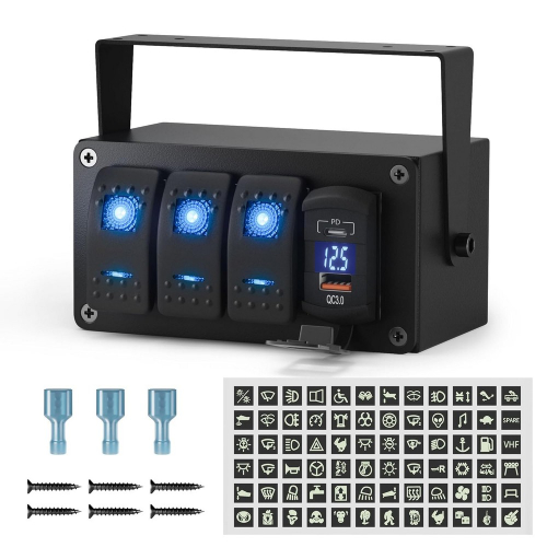 Použitie 12/24V multiprepínača s 3x kolískovým spínačom,USB QC3.0,USB-C PD a voltmetrom