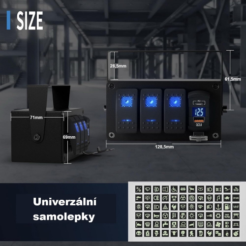 Rozmery 12/24V multiprepínača s 3x kolískovým spínačom,USB QC3.0,USB-C PD a voltmetrom