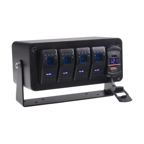 Panel s 4x spínačmi Rocker, voltmeter + USB/USB-C zásuvka, 12/24V