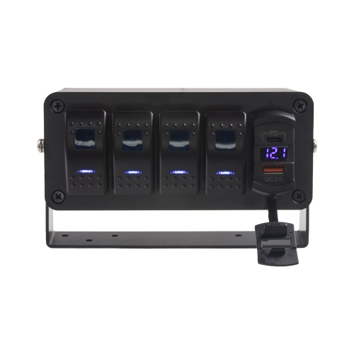 12/24V multiprepínač s 4x kolískovým spínačom, USB QC3.0, USB-C PD a voltmetrom