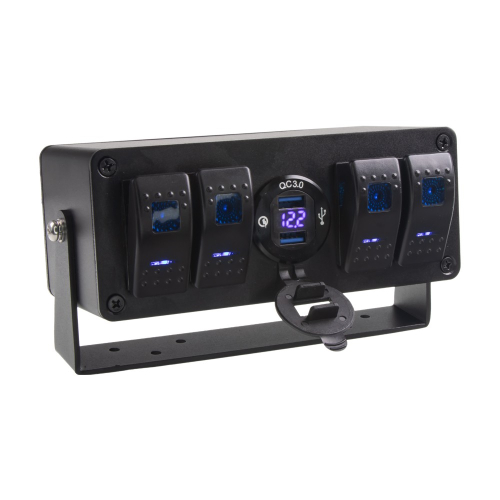 Panel s 4x spínačmi Rocker, voltmeter + 2x USB zásuvka, 12/24V