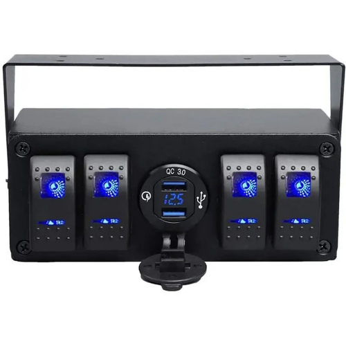 12/24V panel so 4 kolískovými spínačmi, 2x USB QC3.0 a voltmetrom