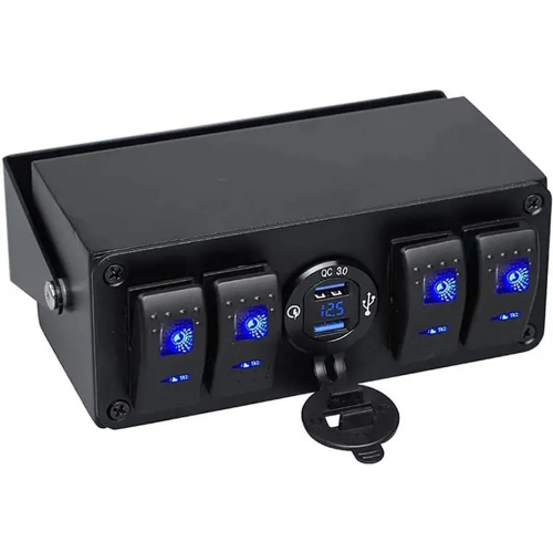 Modré podsvietenie 12/24V panela so 4 kolískovými spínačmi, 2x USB QC3.0 a voltmetrom