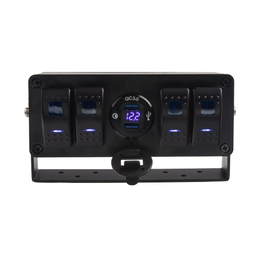 Modré podsvietenie 12/24V panela so 4 kolískovými spínačmi, 2x USB QC3.0 a voltmetrom