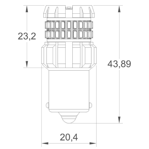 Rozmery bielych LED BAY15d autožiaroviek 12V, 60LED/3014SMD, 360 °