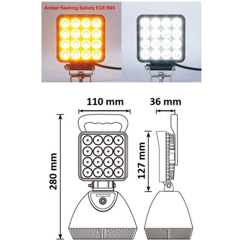 Rozmery bielo-oranžového 16x3W LED AKU svetla