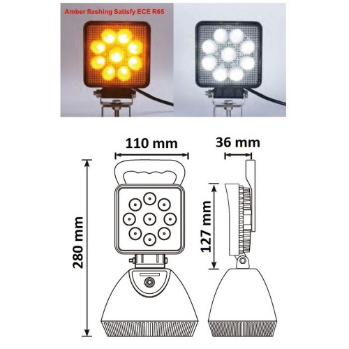 Rozmery bielo-oranžového 9x3W LED AKU svetla
