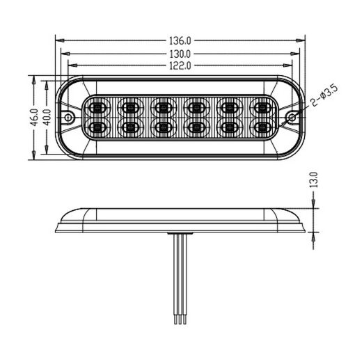 Rozměry 12/24V modro-červeného 48W LED predátora