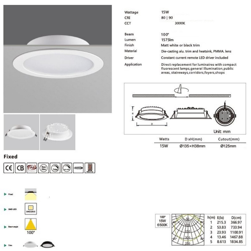 Parametry podhledového 15W / 3000K svítidla ø135mm