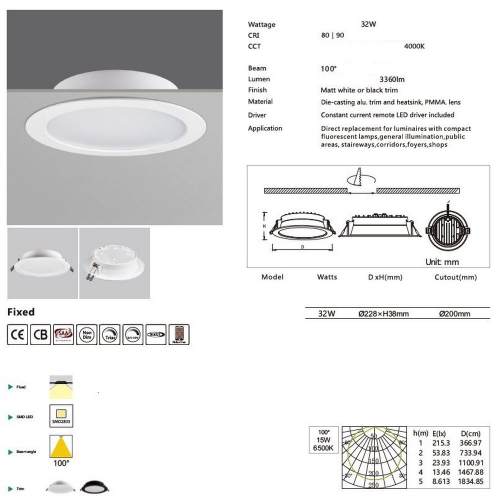 Parametry podhledového 32W / 4000K svítidla ø228mm